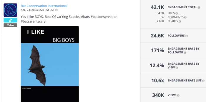 Nonprofit TikTok post by Bat Conservation International highlighting different bat species with 42.1K engagements, including 34.3K likes and 7.69K shares.